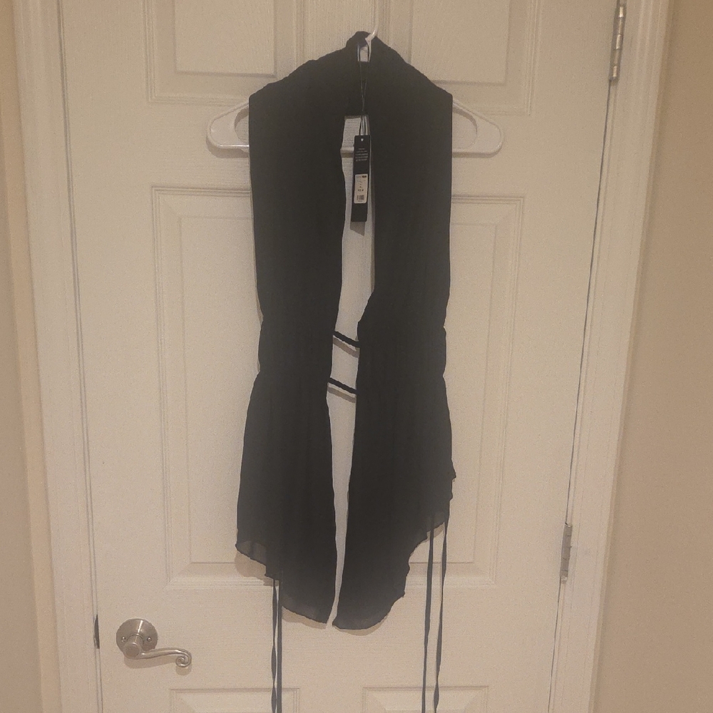 Black Sleeveless Draped Vest with Tie Details